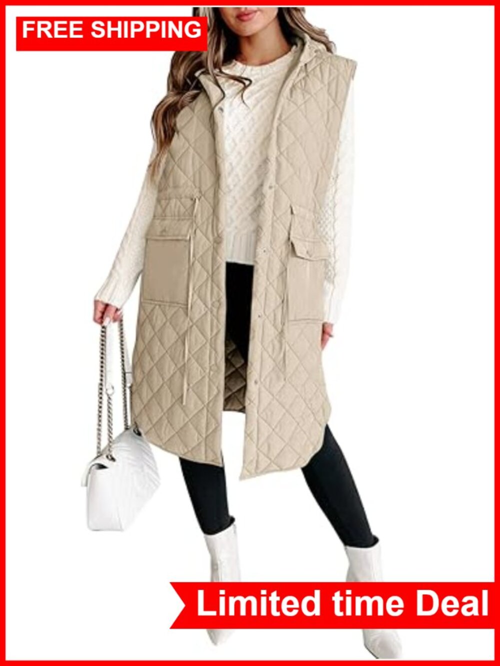 Womens Long Puffer Vest Sleeveless Hooded Quilted Jacket